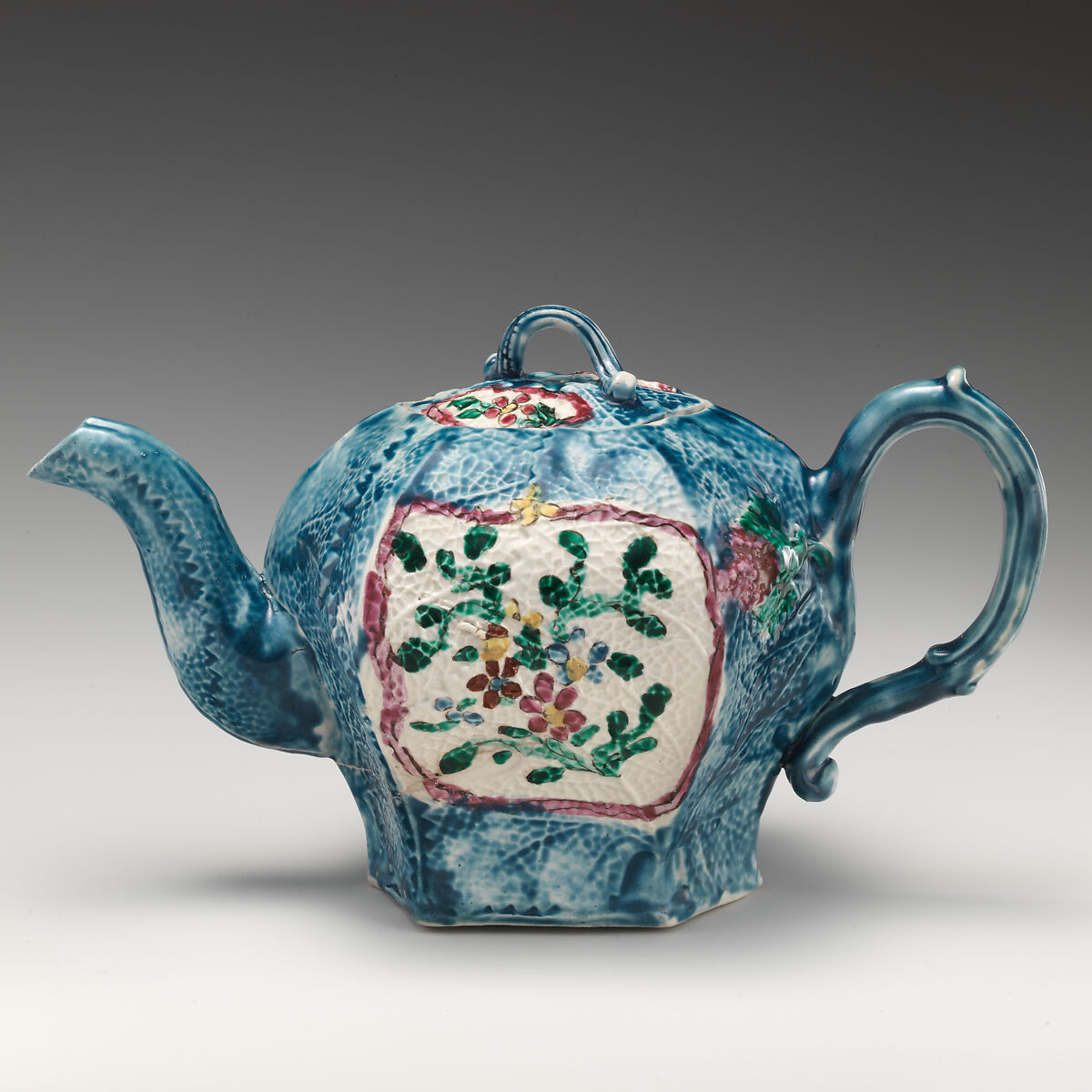 Teapot, Salt-glazed stoneware with enamel decoration, British, Staffordshire 