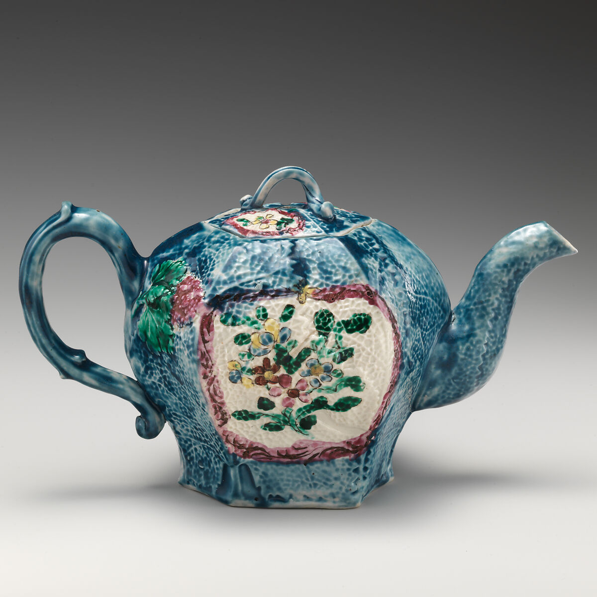 Teapot, Salt-glazed stoneware with enamel decoration, British, Staffordshire