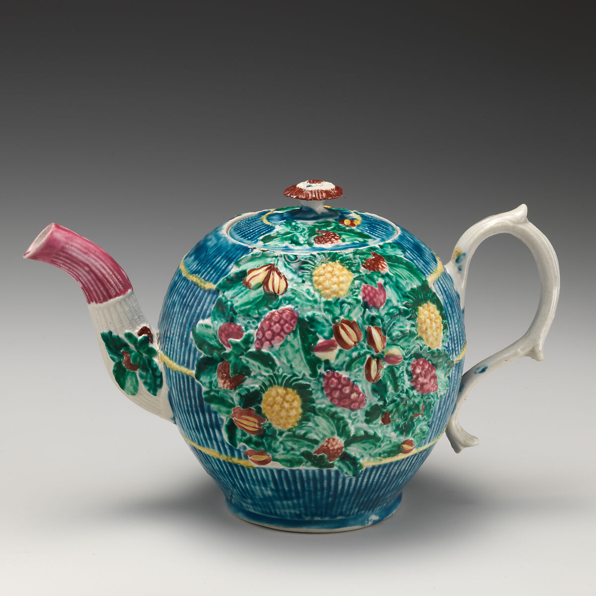 Teapot, Salt-glazed stoneware with enamel decoration, British, Staffordshire 