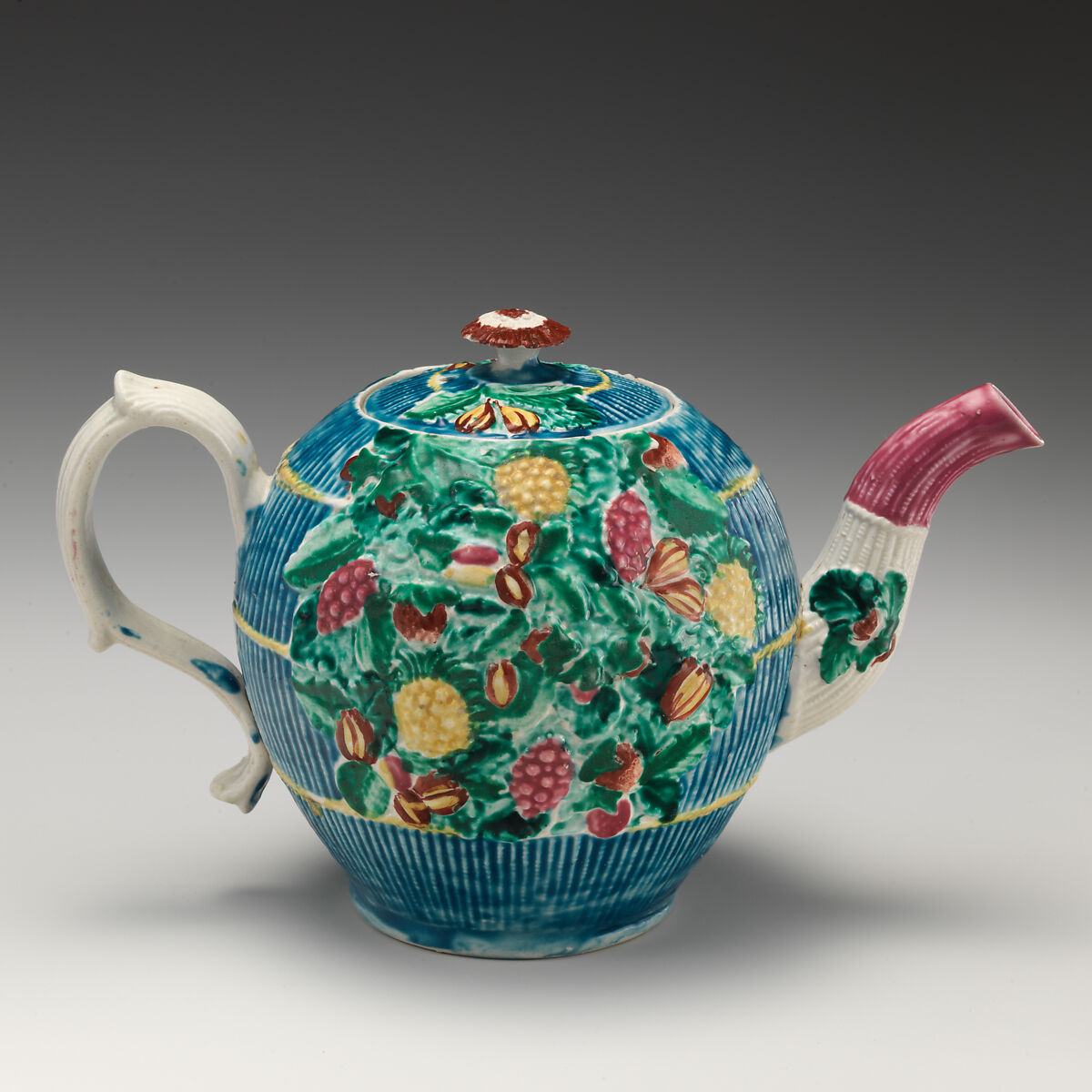 Teapot, Salt-glazed stoneware with enamel decoration, British, Staffordshire