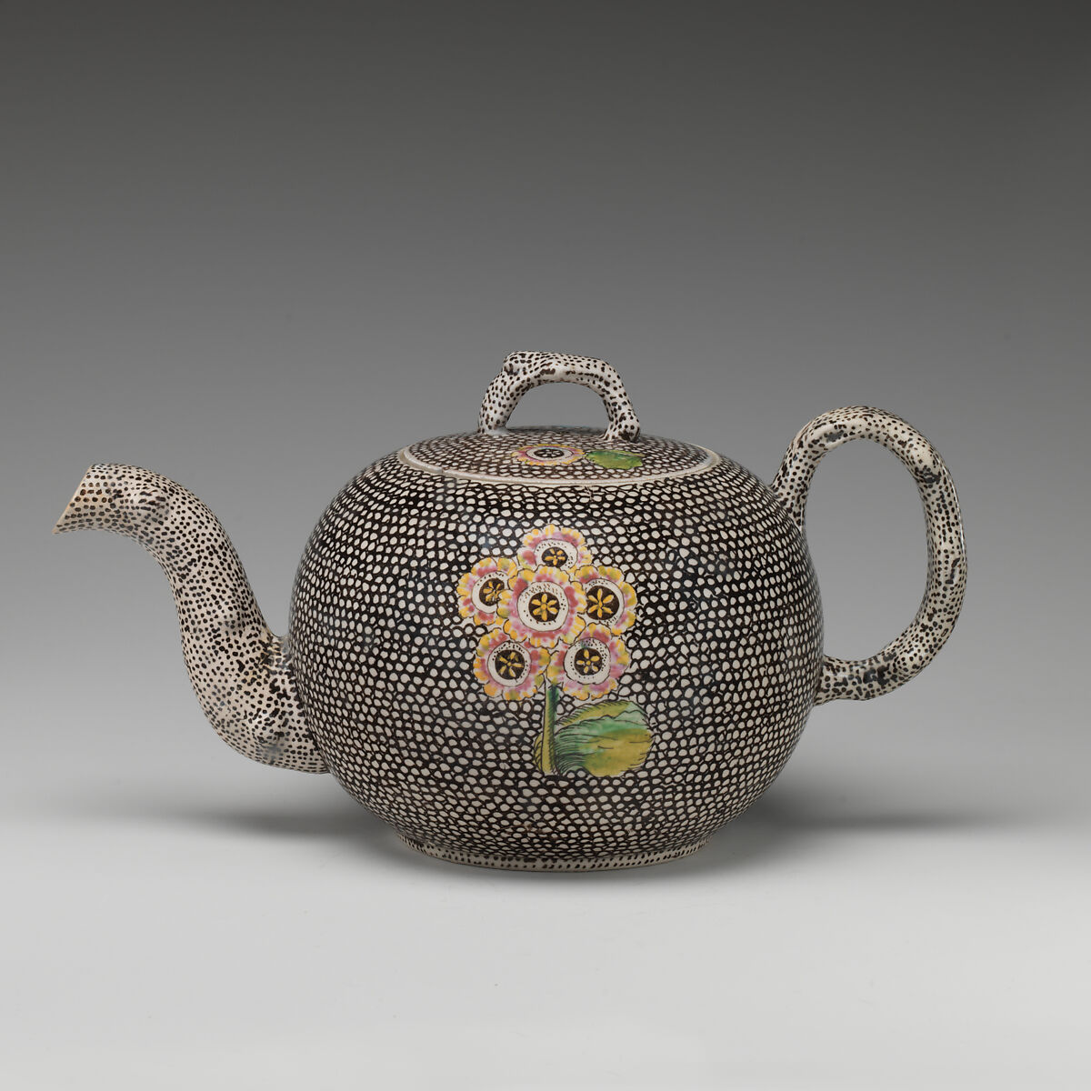 Teapot, Salt-glazed stoneware with enamel decoration, British, Staffordshire 