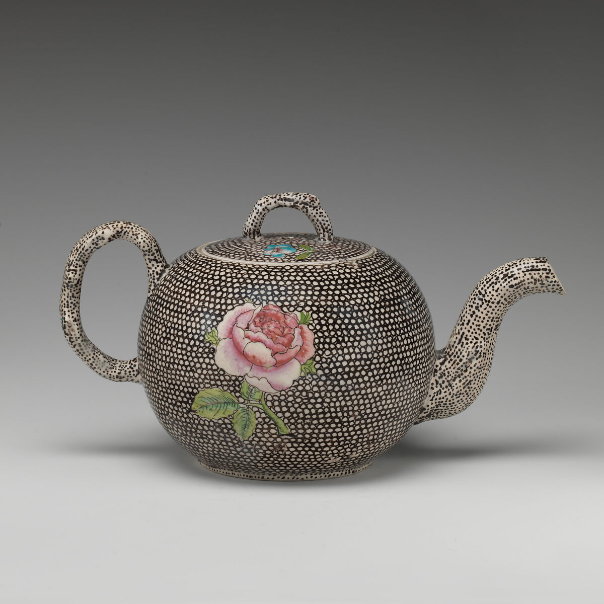 Teapot, Salt-glazed stoneware with enamel decoration, British, Staffordshire