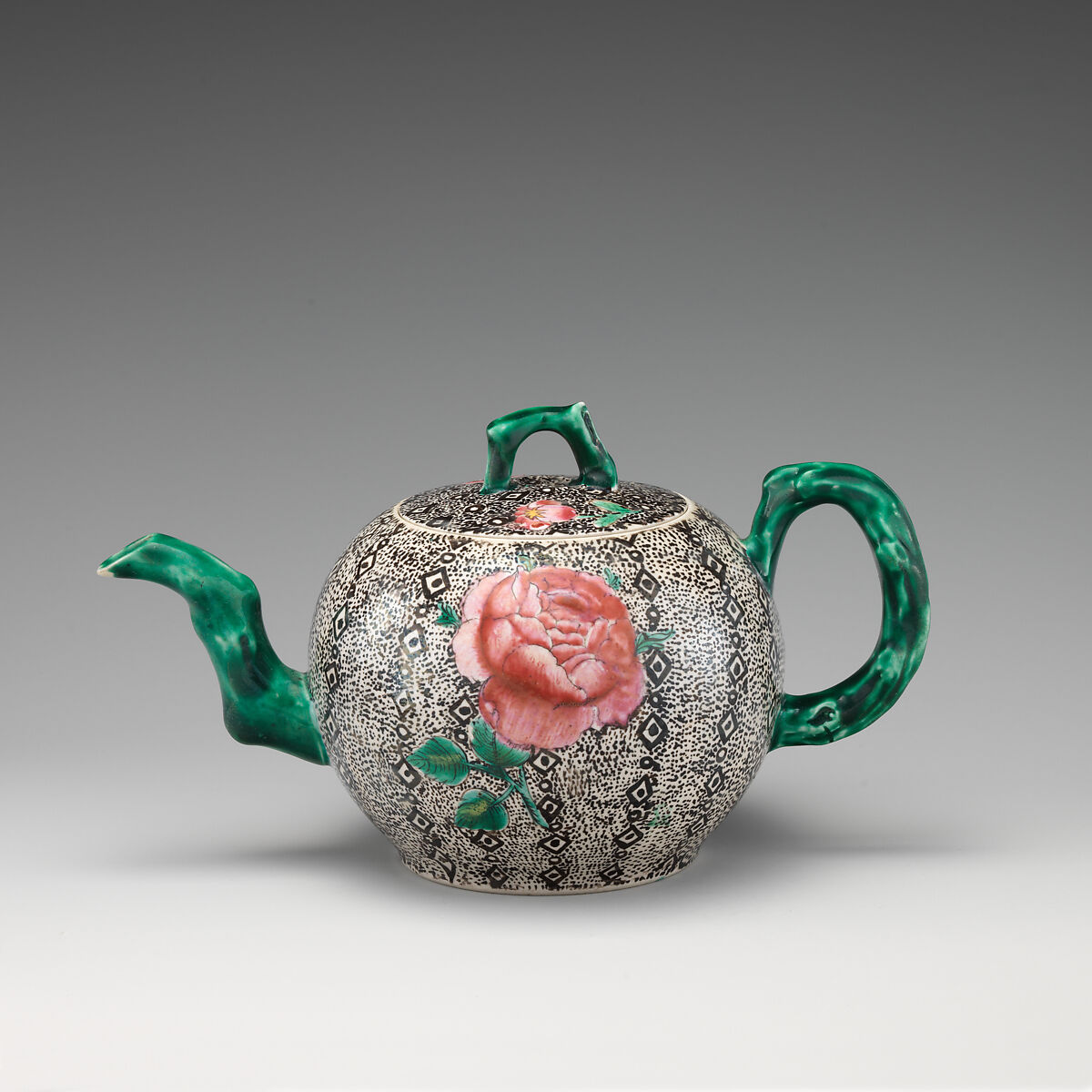 Teapot, Salt-glazed stoneware with enamel decoration, British, Staffordshire 