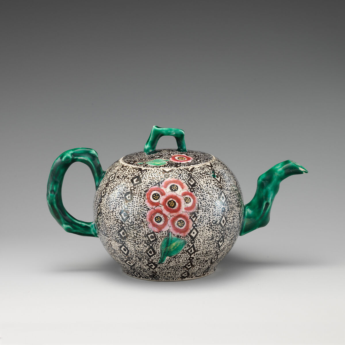 Teapot, Salt-glazed stoneware with enamel decoration, British, Staffordshire