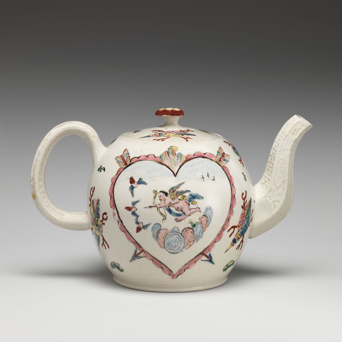 Teapot, Salt-glazed stoneware with enamel decoration, British, Staffordshire