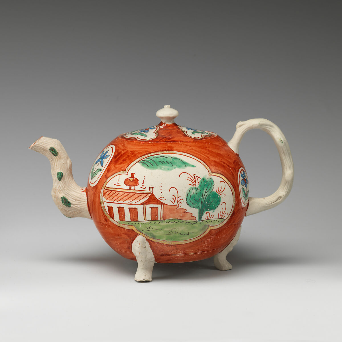 Footed teapot, Salt-glazed stoneware with enamel decoration, British, Staffordshire 