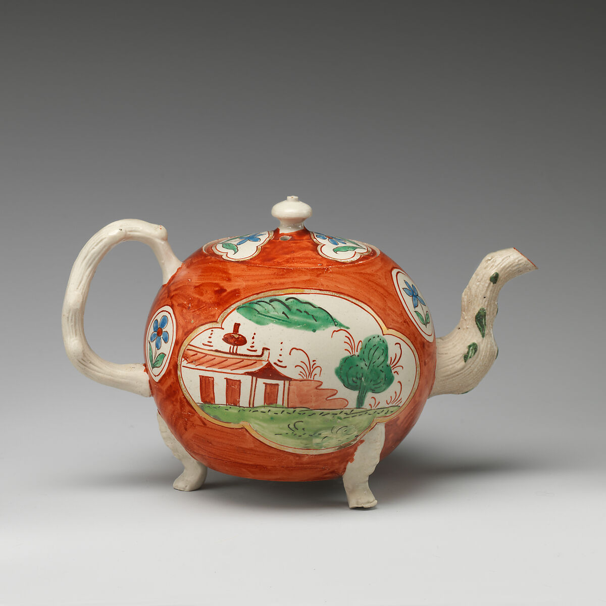 Footed teapot, Salt-glazed stoneware with enamel decoration, British, Staffordshire