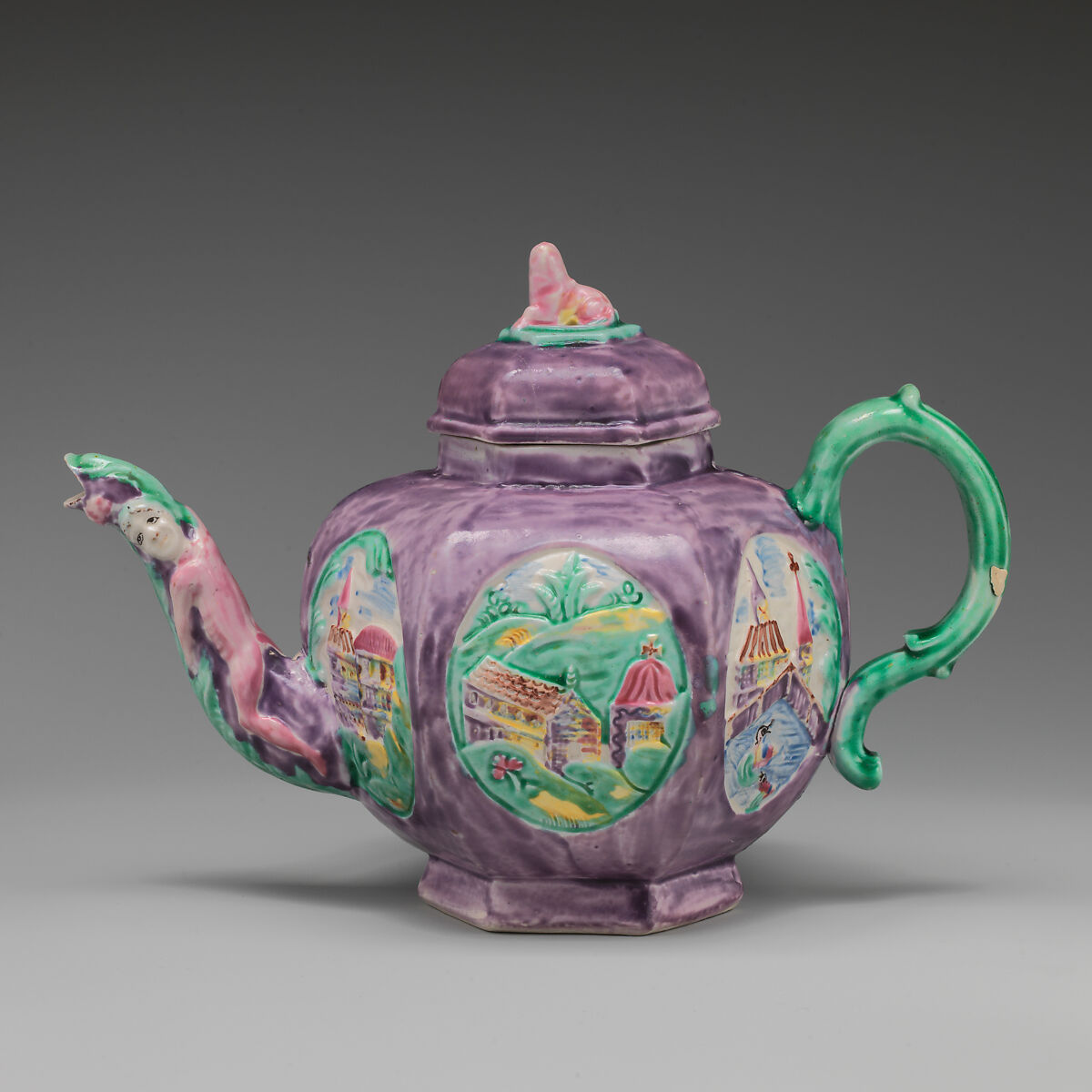 Teapot, Salt-glazed stoneware with enamel decoration, British, Staffordshire 