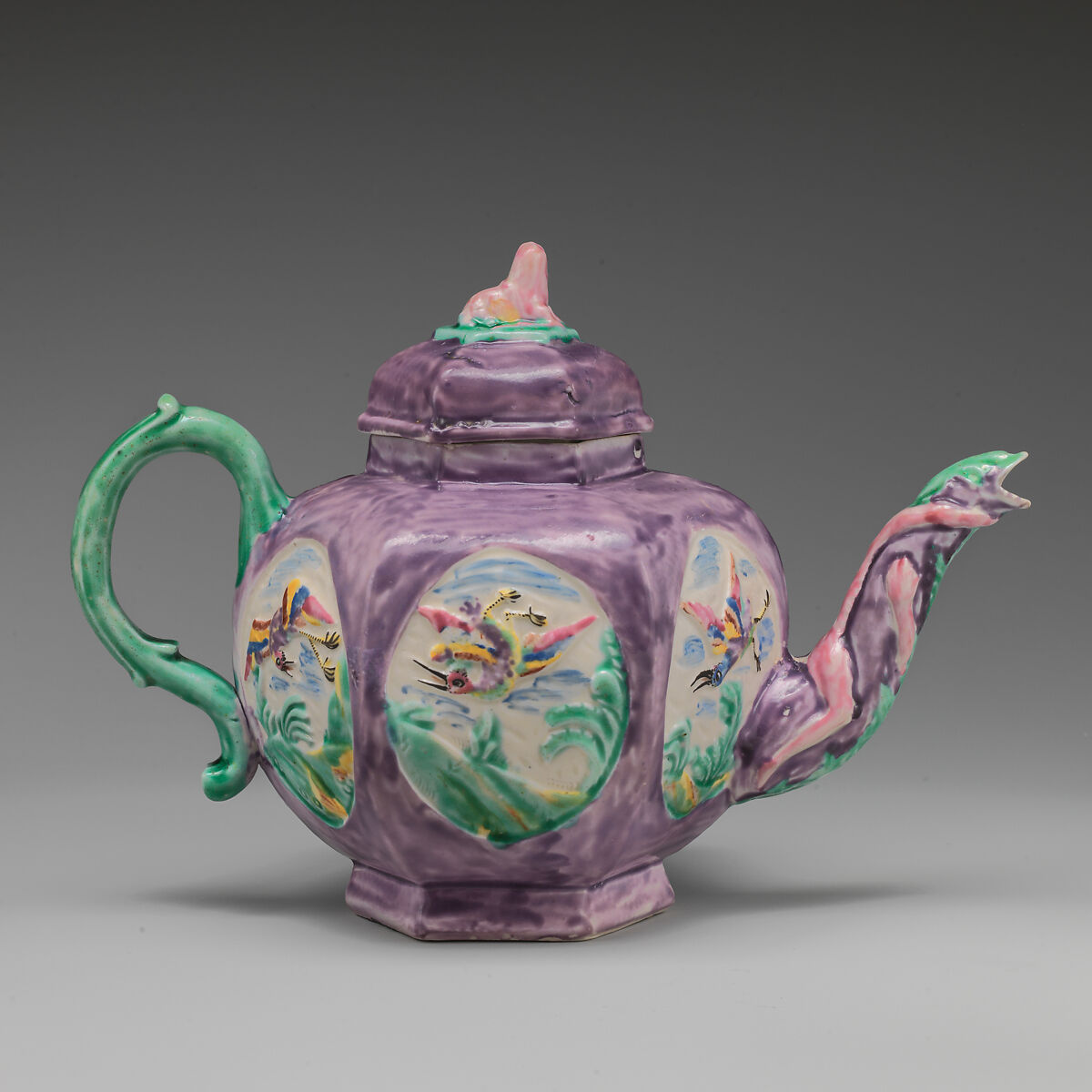 Teapot, Salt-glazed stoneware with enamel decoration, British, Staffordshire