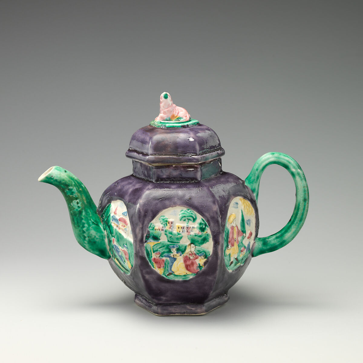 Teapot, Salt-glazed stoneware with enamel decoration, British, Staffordshire 