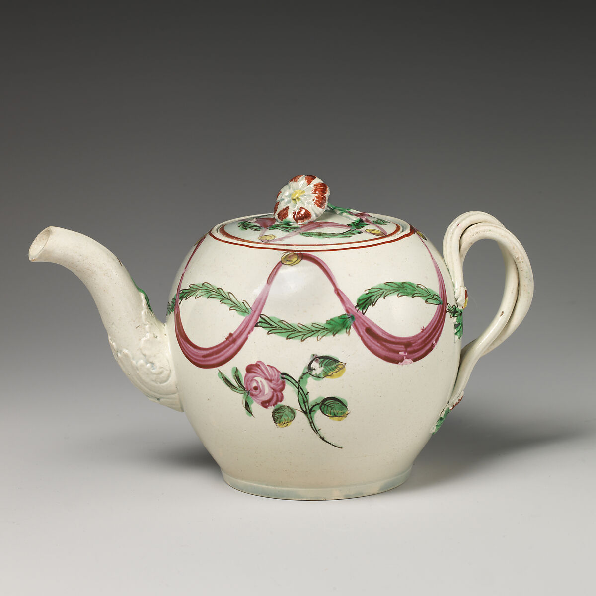 Teapot, Salt-glazed stoneware with enamel decoration, British, Staffordshire 