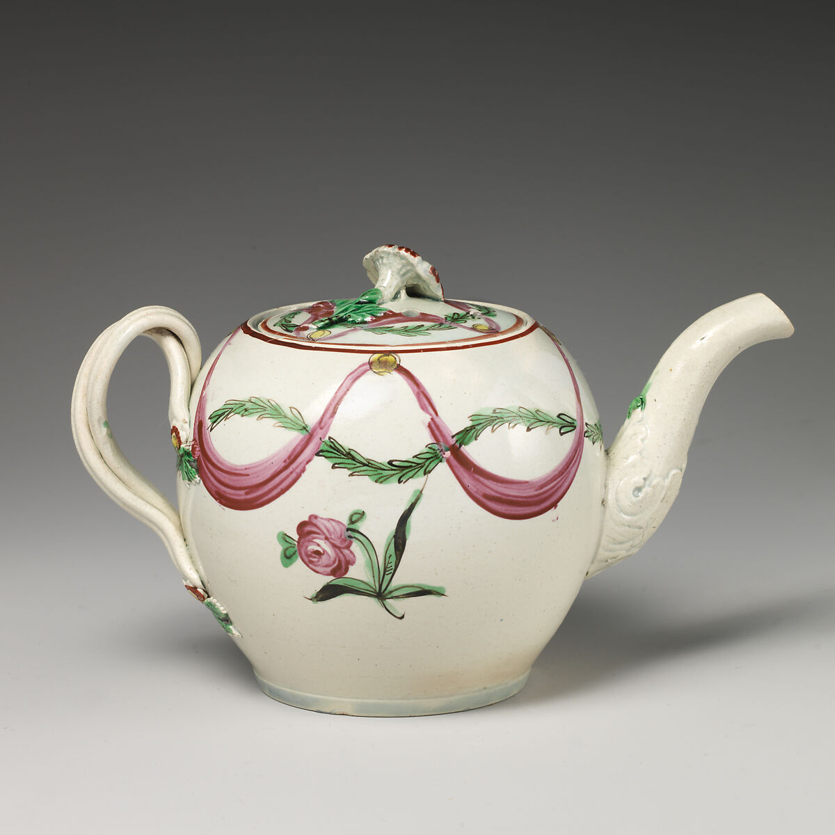 Teapot, Salt-glazed stoneware with enamel decoration, British, Staffordshire