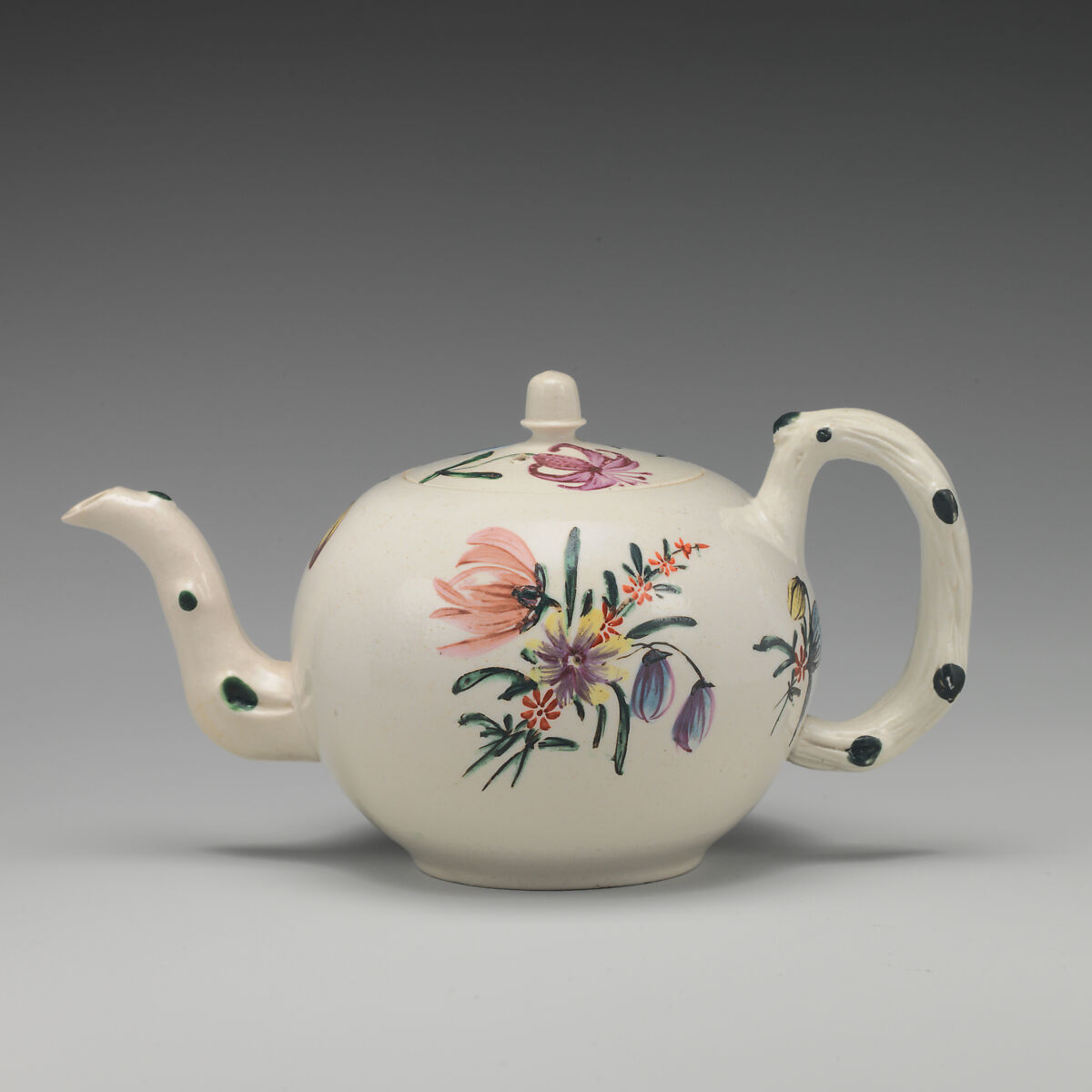 Teapot, Salt-glazed stoneware with enamel decoration, British, Staffordshire 
