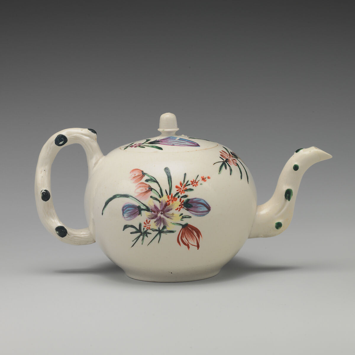Teapot, Salt-glazed stoneware with enamel decoration, British, Staffordshire