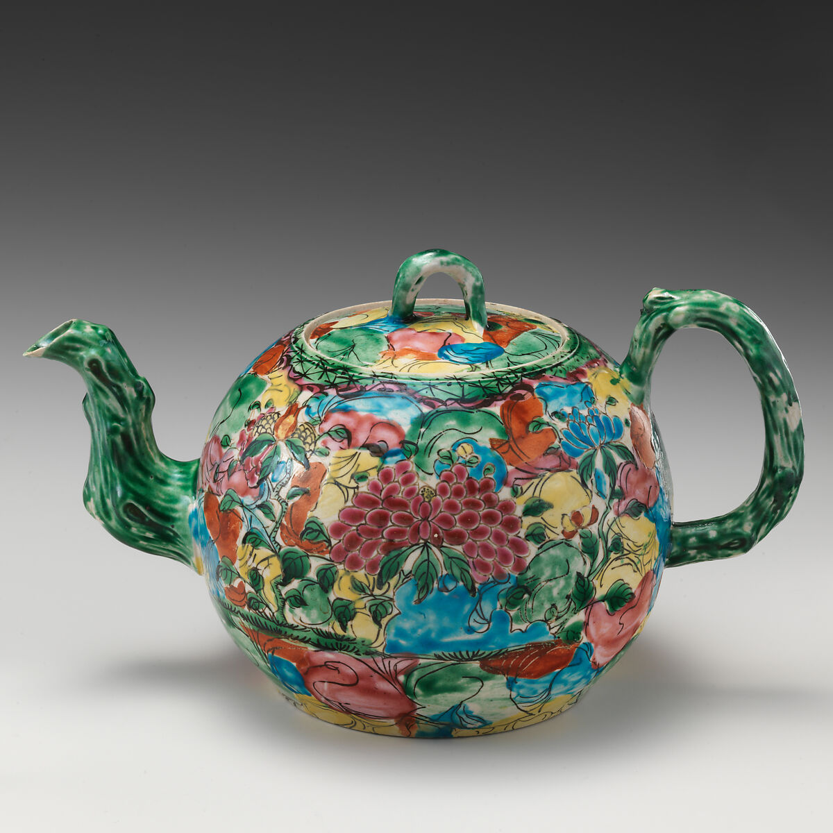 Teapot, Salt-glazed stoneware with enamel decoration, British, Staffordshire 