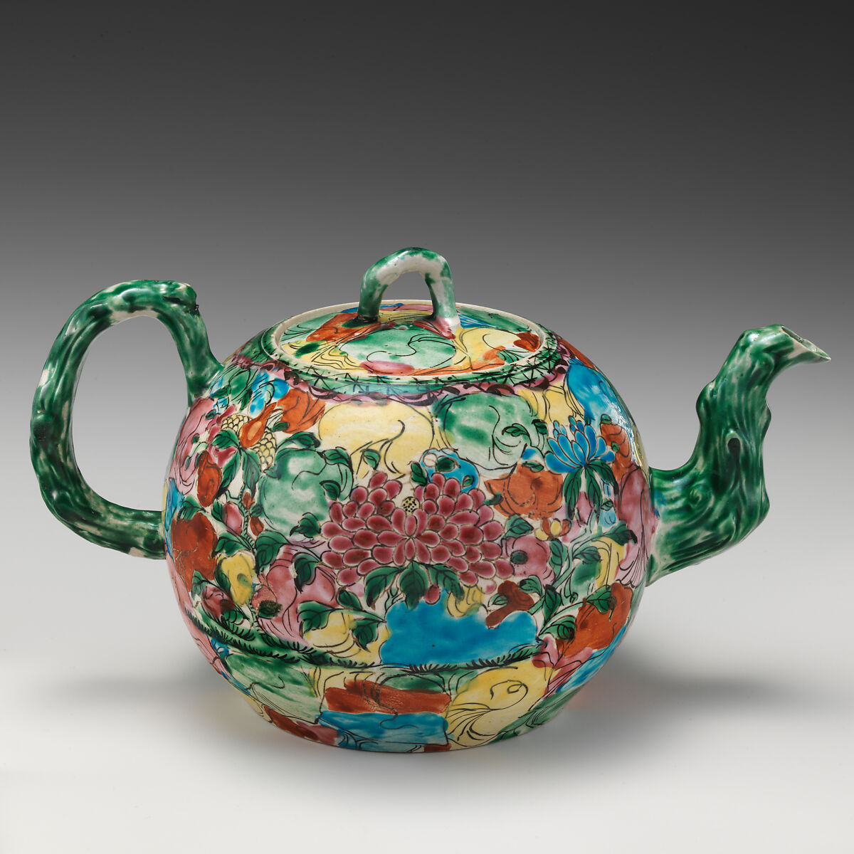 Teapot, Salt-glazed stoneware with enamel decoration, British, Staffordshire