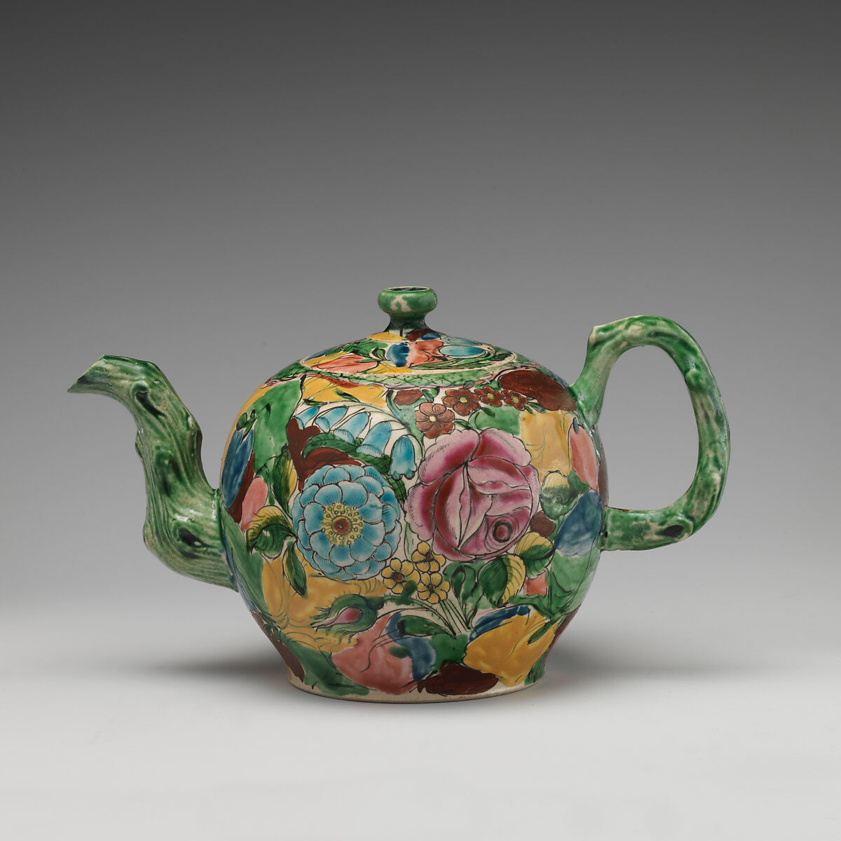 Teapot, Salt-glazed stoneware with enamel decoration, British, Staffordshire 