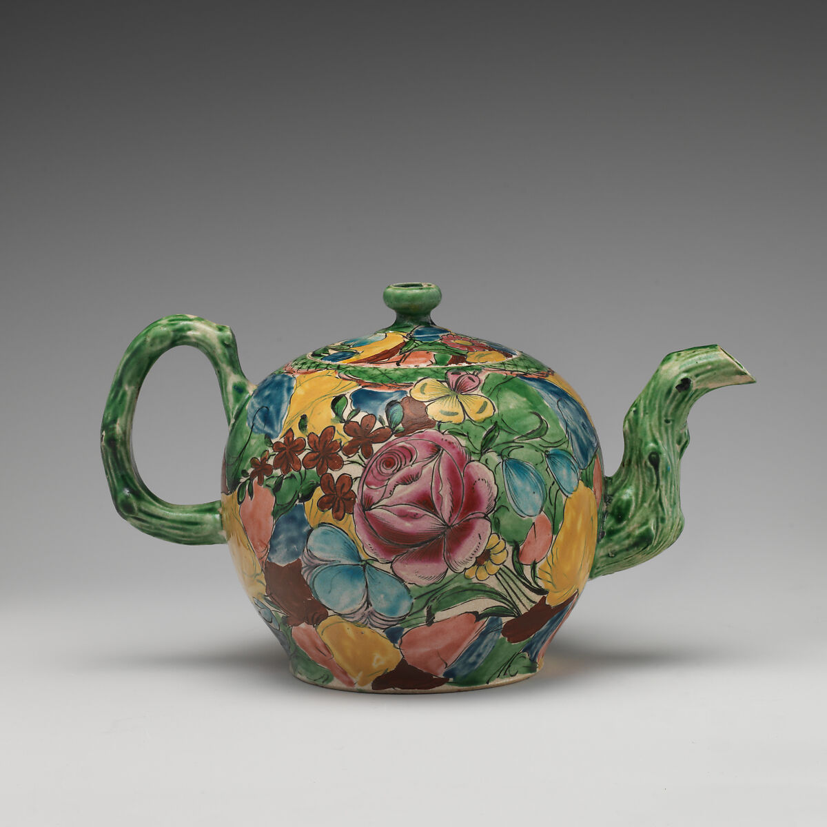 Teapot, Salt-glazed stoneware with enamel decoration, British, Staffordshire