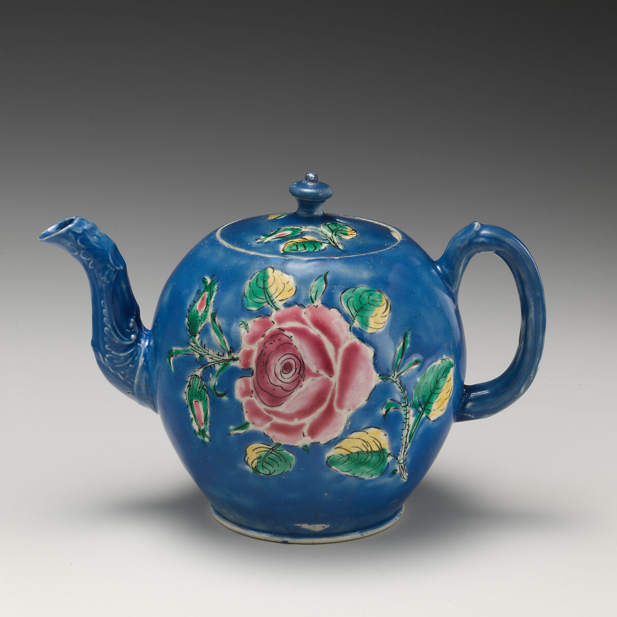 Teapot, Salt-glazed stoneware with enamel decoration, British, Staffordshire 