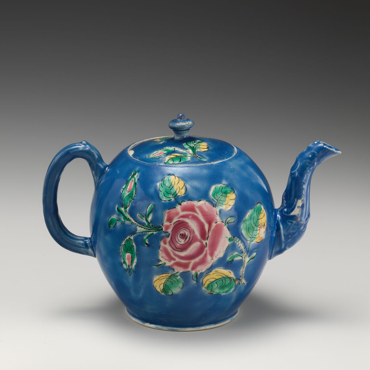 Teapot, Salt-glazed stoneware with enamel decoration, British, Staffordshire
