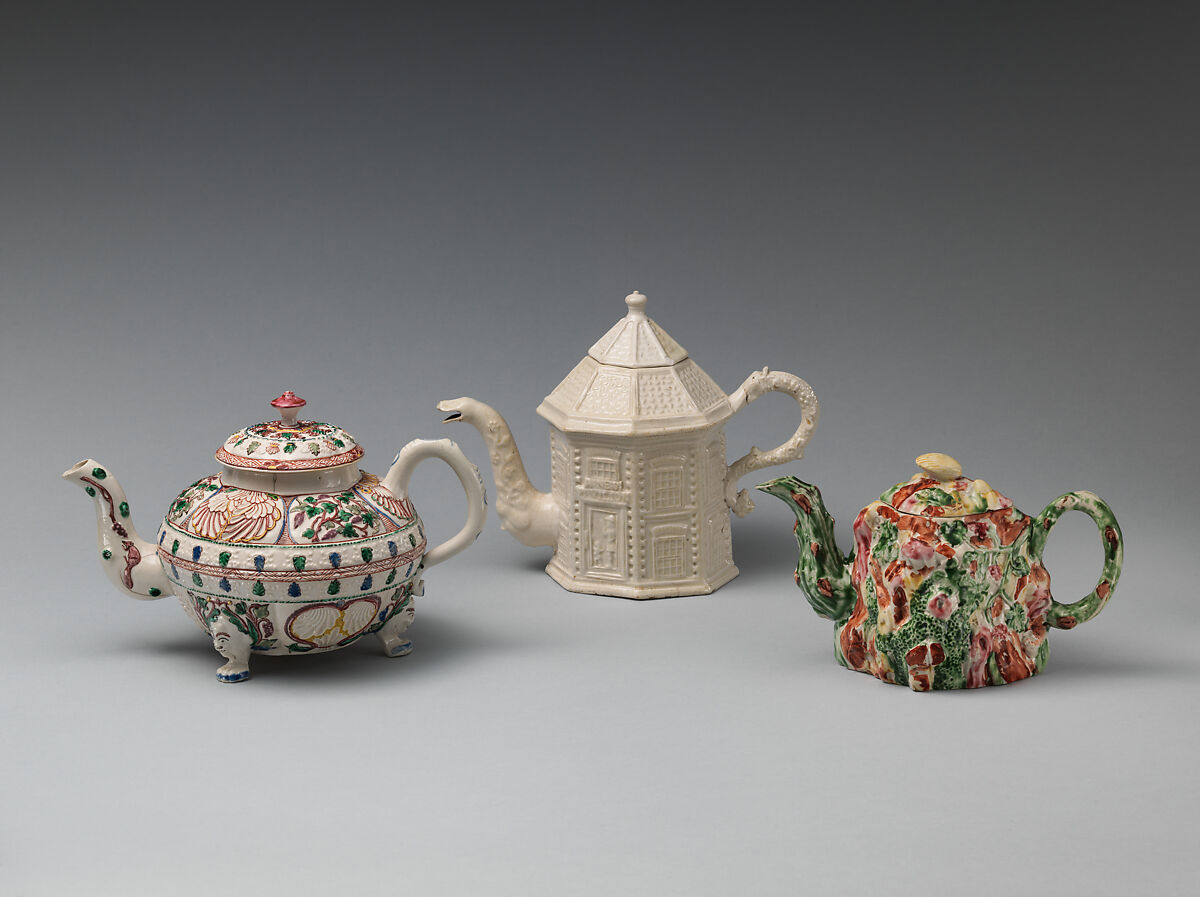 Teapot, Salt-glazed stoneware with enamel decoration, British, Staffordshire