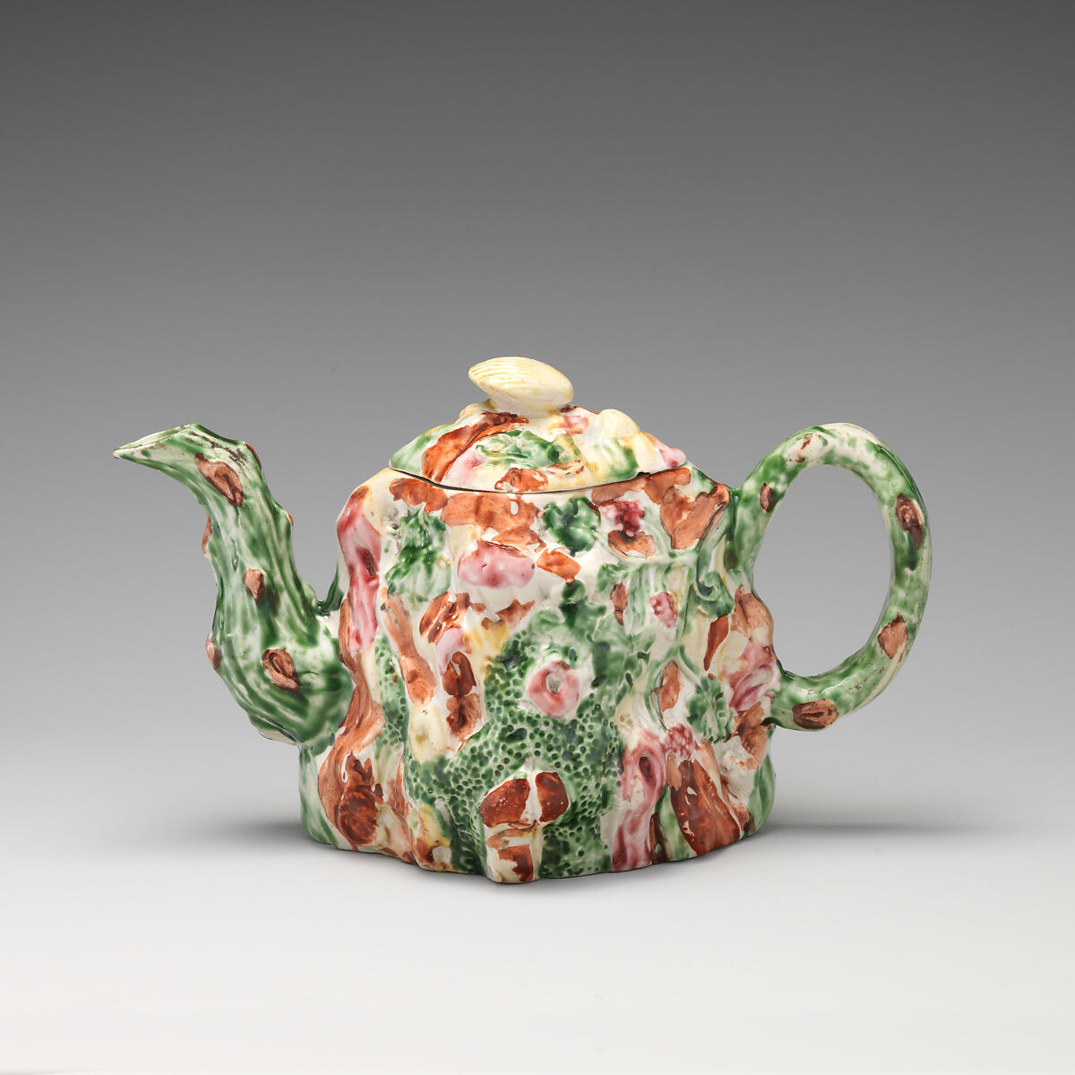 Teapot, Salt-glazed stoneware with enamel decoration, British, Staffordshire 