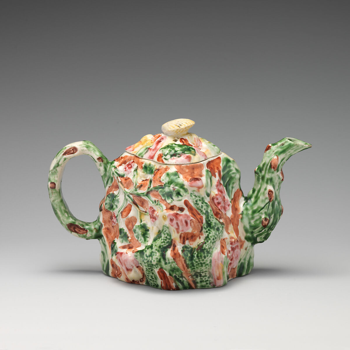 Teapot, Salt-glazed stoneware with enamel decoration, British, Staffordshire