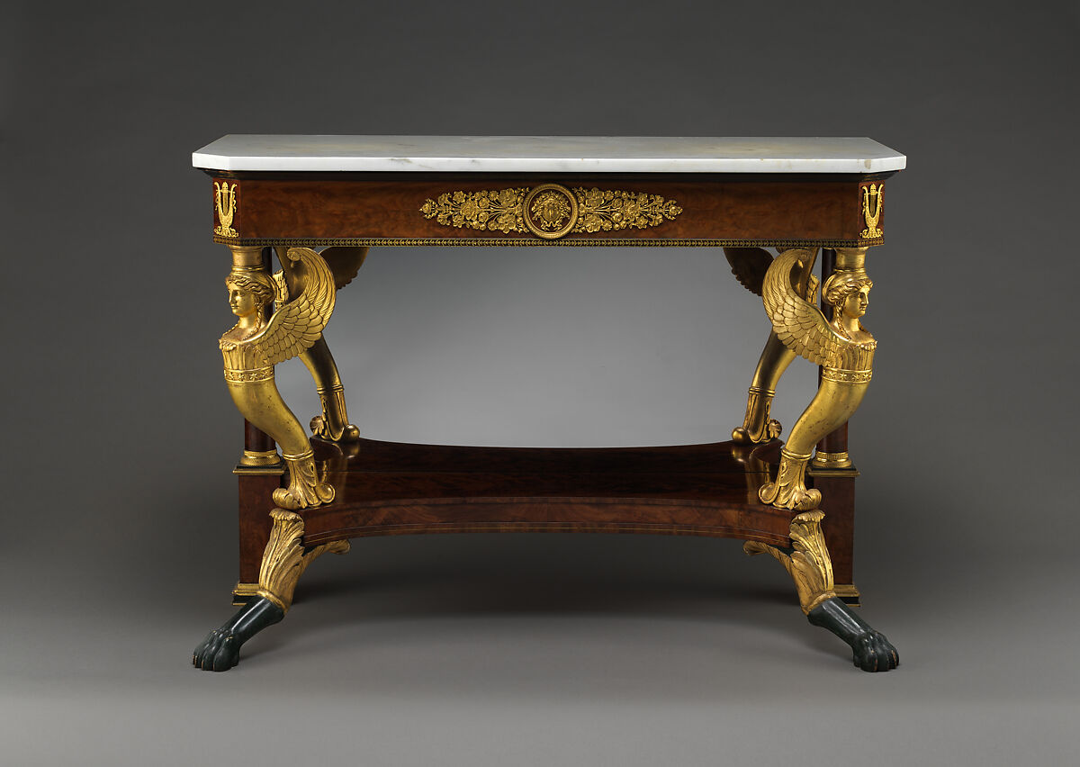 Pier Table, Charles-Honoré Lannuier (France 1779–1819 New York), Mahogany, mahogany veneer, pine, tulip poplar, maple, marble, gilded brass, die-stamped brass, plate glass, American 