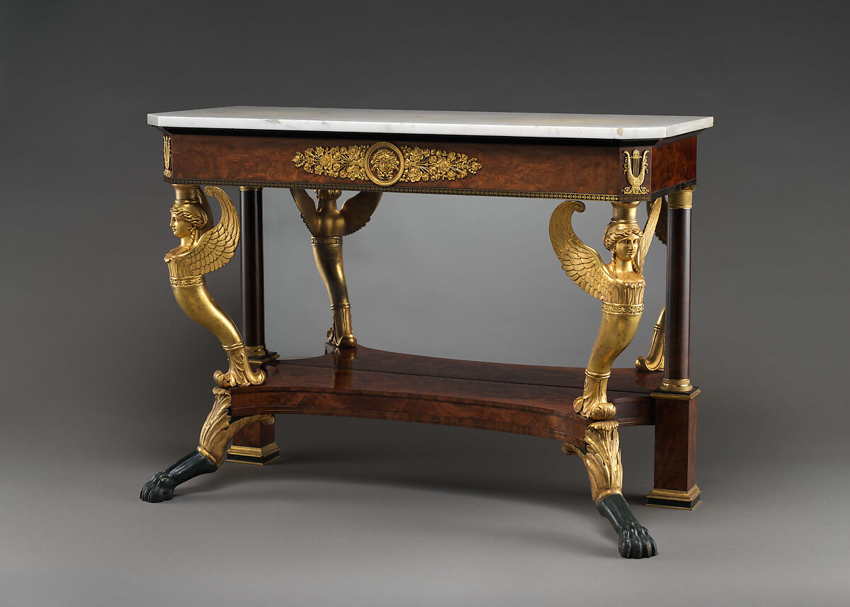 Pier Table, Charles-Honoré Lannuier (France 1779–1819 New York), Mahogany, mahogany veneer, pine, tulip poplar, maple, marble, gilded brass, die-stamped brass, plate glass, American