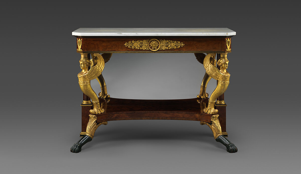 Pier Table, Charles-Honoré Lannuier (France 1779–1819 New York), Mahogany, mahogany veneer, pine, tulip poplar, maple, marble, gilded brass, die-stamped brass, plate glass, American