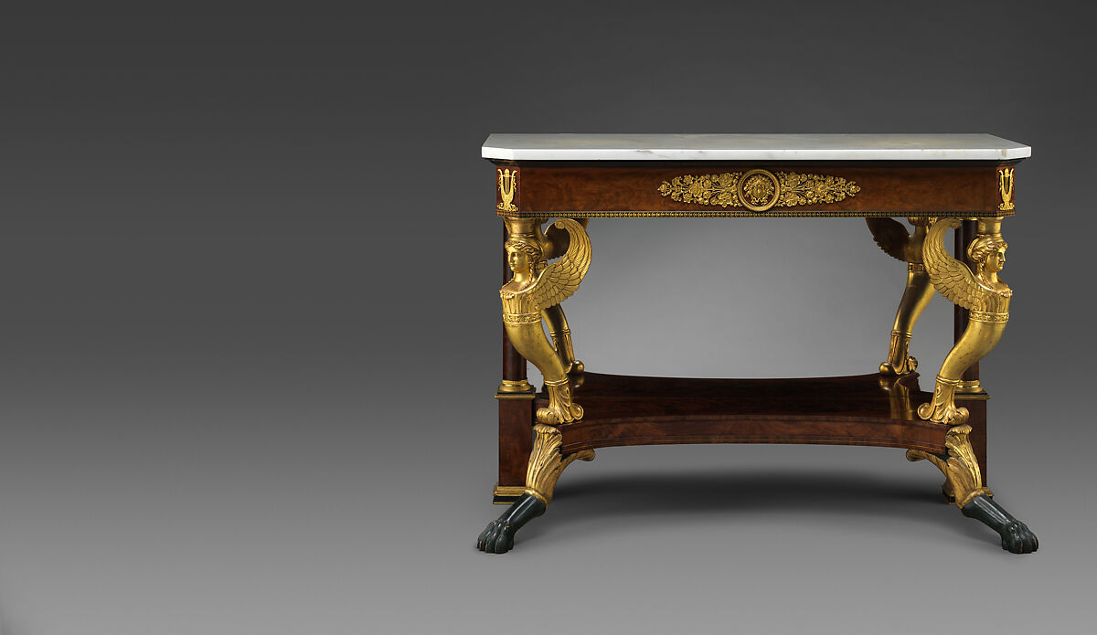 Pier Table, Charles-Honoré Lannuier (France 1779–1819 New York), Mahogany, mahogany veneer, pine, tulip poplar, maple, marble, gilded brass, die-stamped brass, plate glass, American