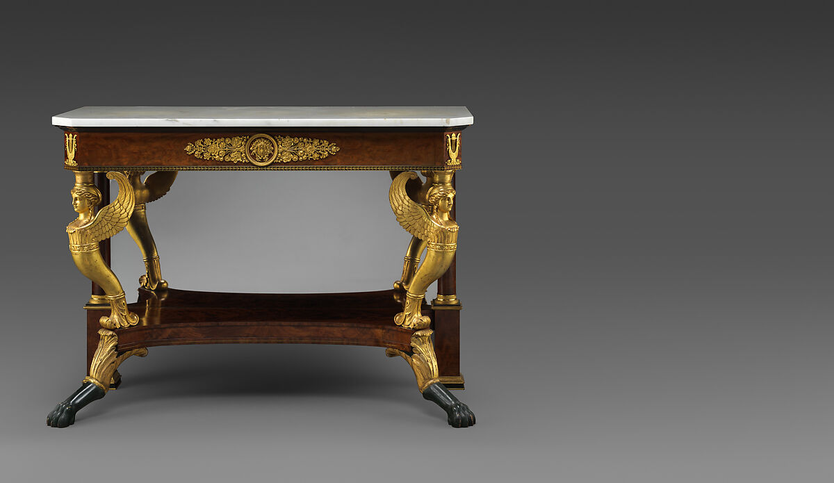 Pier Table, Charles-Honoré Lannuier (France 1779–1819 New York), Mahogany, mahogany veneer, pine, tulip poplar, maple, marble, gilded brass, die-stamped brass, plate glass, American