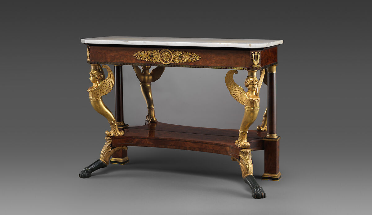 Pier Table, Charles-Honoré Lannuier (France 1779–1819 New York), Mahogany, mahogany veneer, pine, tulip poplar, maple, marble, gilded brass, die-stamped brass, plate glass, American