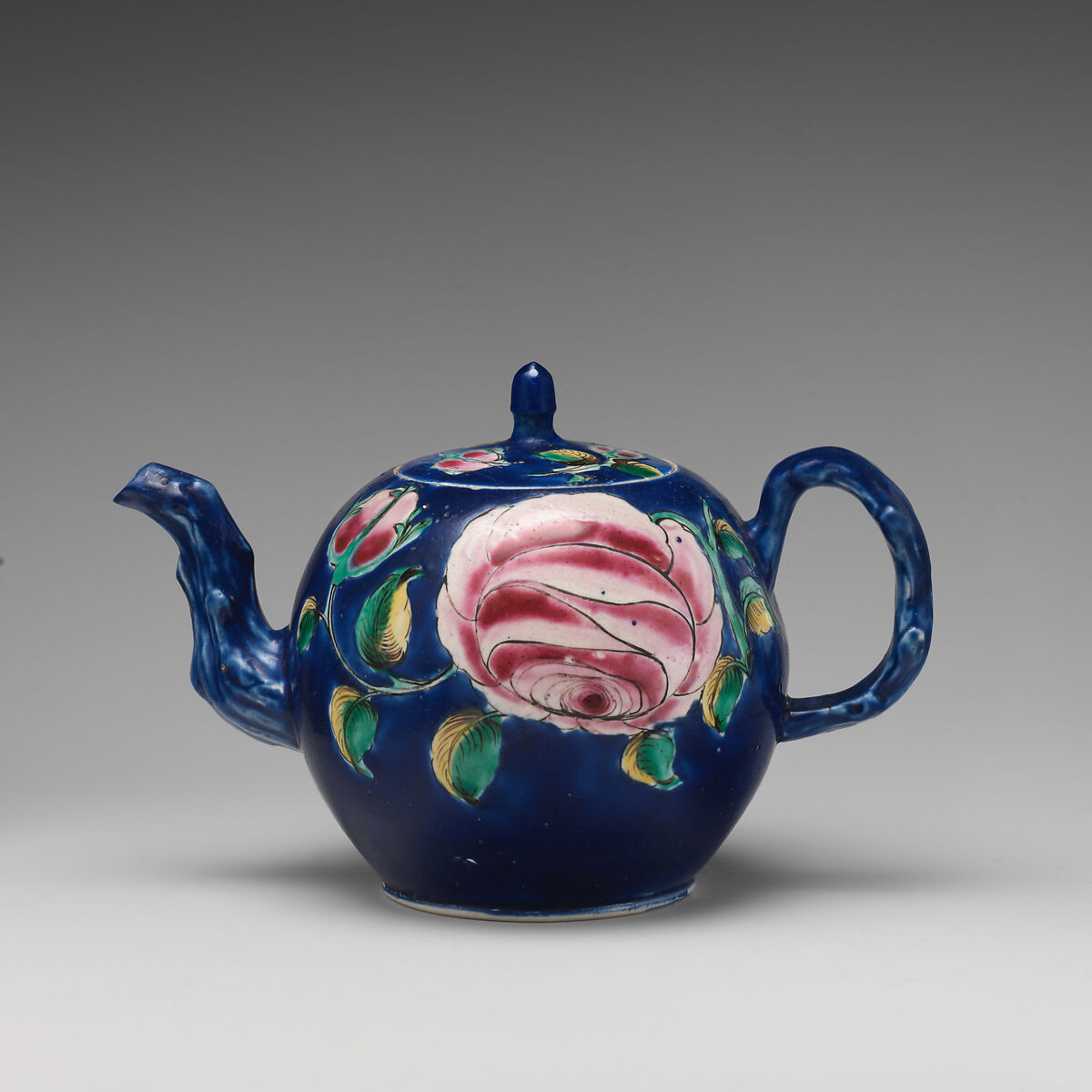 Teapot, Salt-glazed stoneware with enamel decoration, British, Staffordshire 