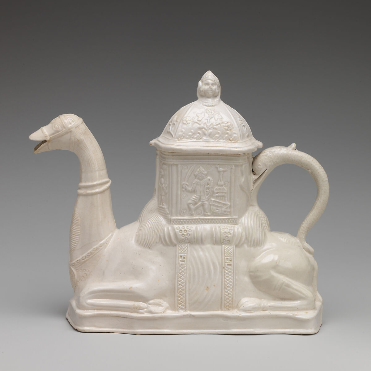 Teapot in the form of a camel, Salt-glazed stoneware, British, Staffordshire 