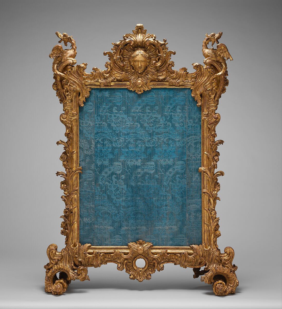 Fire screen, Probably carved by Ferdinand Hundt (ca. 1704–1758), Carved and gilded oak; silk panel not original to screen, German, Würzberg 