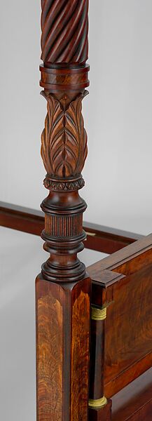 Bedstead, Duncan Phyfe (American (born Scotland), near Lock Fannich, Ross-Shire, Scotland 1768/1770–1854 New York), Mahogany, mahogany veneer, vert antique, gilded cast brass
