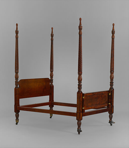 Bedstead, Duncan Phyfe (American (born Scotland), near Lock Fannich, Ross-Shire, Scotland 1768/1770–1854 New York), Mahogany, mahogany veneer, vert antique, gilded cast brass 