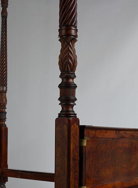 Bedstead, Duncan Phyfe (American (born Scotland), near Lock Fannich, Ross-Shire, Scotland 1768/1770–1854 New York), Mahogany, mahogany veneer, vert antique, gilded cast brass
