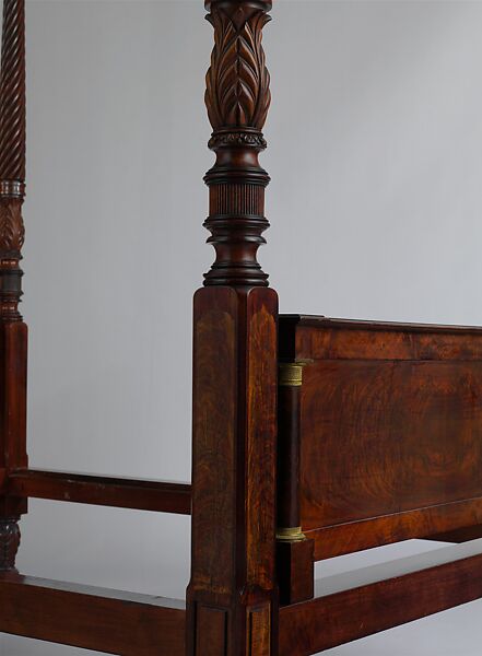 Bedstead, Duncan Phyfe (American (born Scotland), near Lock Fannich, Ross-Shire, Scotland 1768/1770–1854 New York), Mahogany, mahogany veneer, vert antique, gilded cast brass