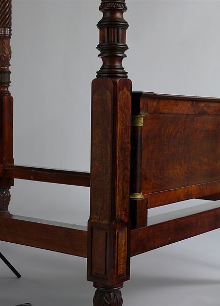 Bedstead, Duncan Phyfe (American (born Scotland), near Lock Fannich, Ross-Shire, Scotland 1768/1770–1854 New York), Mahogany, mahogany veneer, vert antique, gilded cast brass
