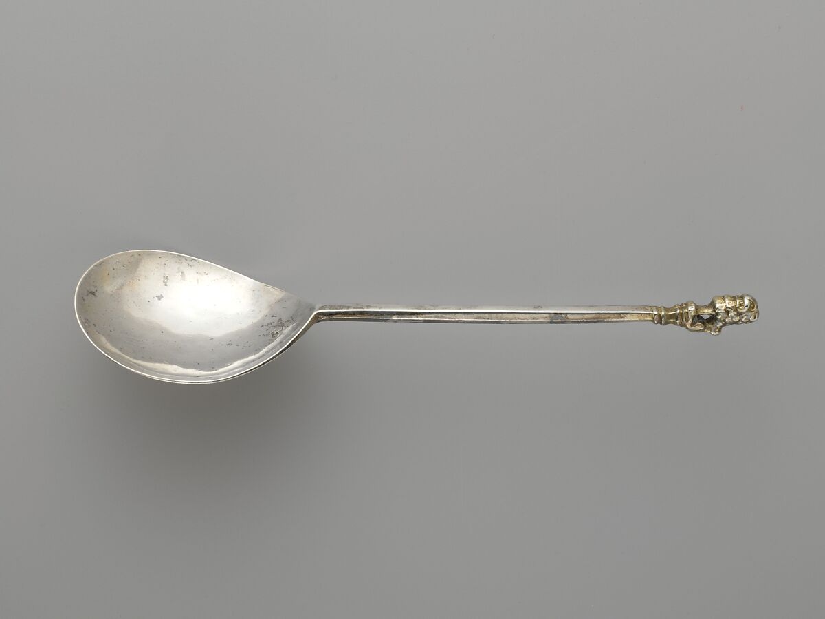 Lion sejant spoon, A. B., England (ca. 1630–1635), Silver, parcel gilt, British, Provincial 