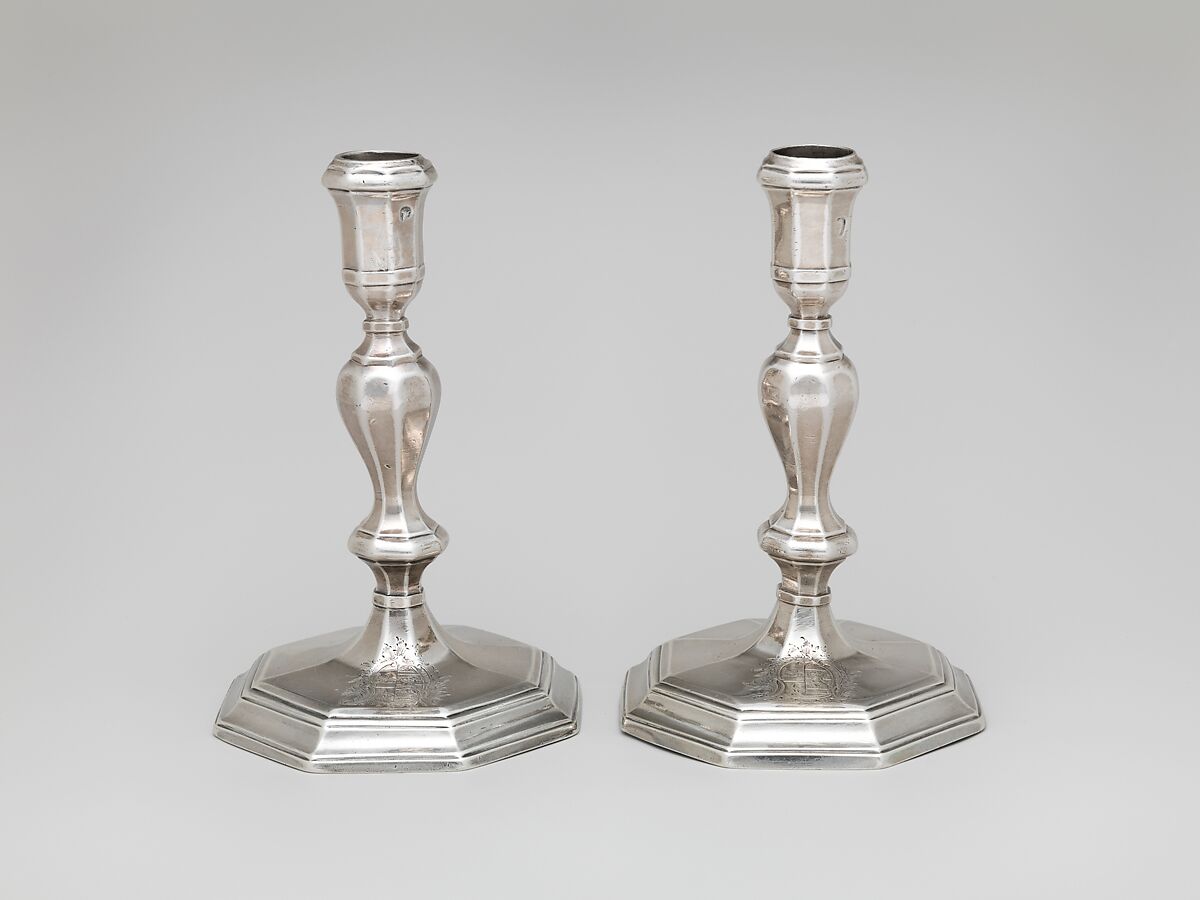 Pair of candlesticks, Thomas Merry I (active 1701–ca. 1724), Silver, British, London 