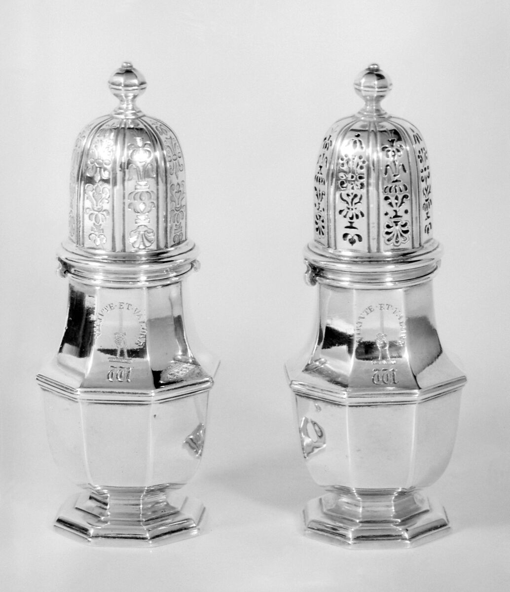Pair of casters, John Chartier (active 1697–1715), Silver, British, London 