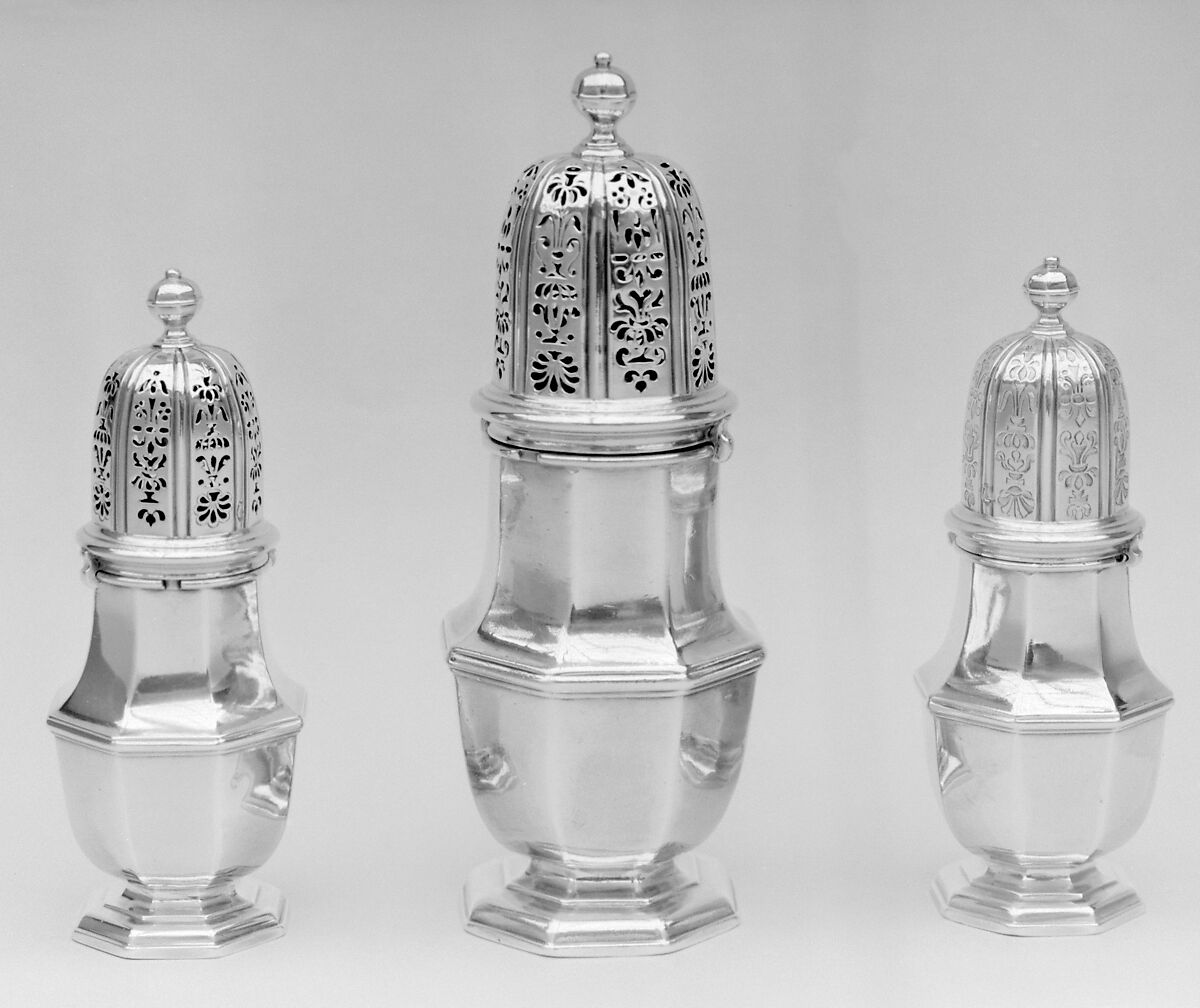 Pair of casters, John Chartier (active 1697–1715), Silver, British, London