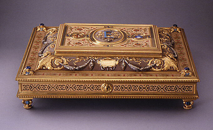 Presentation casket, Josef Ritter von Storck (1830–1902), Silver gilt, enamel, leather, lapis lazuli, Austrian 