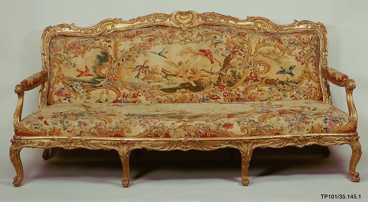 Settee (canapé) (part of a set), Frame by Nicolas-Quinibert Foliot (1706–1776, warden 1750/52), Carved and gilded beech; wool and silk tapestry, French, Paris 