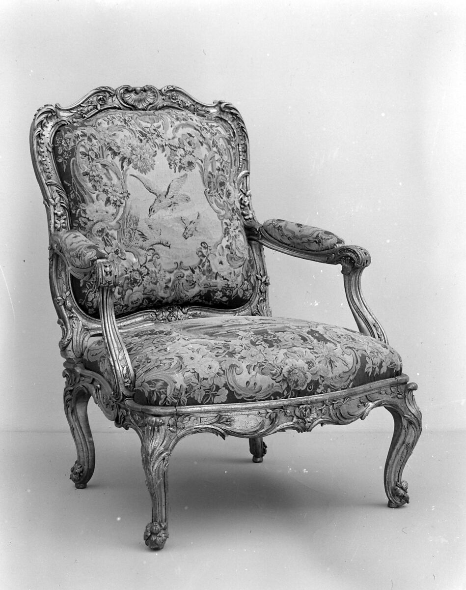 Armchair (part of a set), Frame by Nicolas-Quinibert Foliot (1706–1776, warden 1750/52), Carved and gilded beech, wool and silk tapestry, French, Paris 