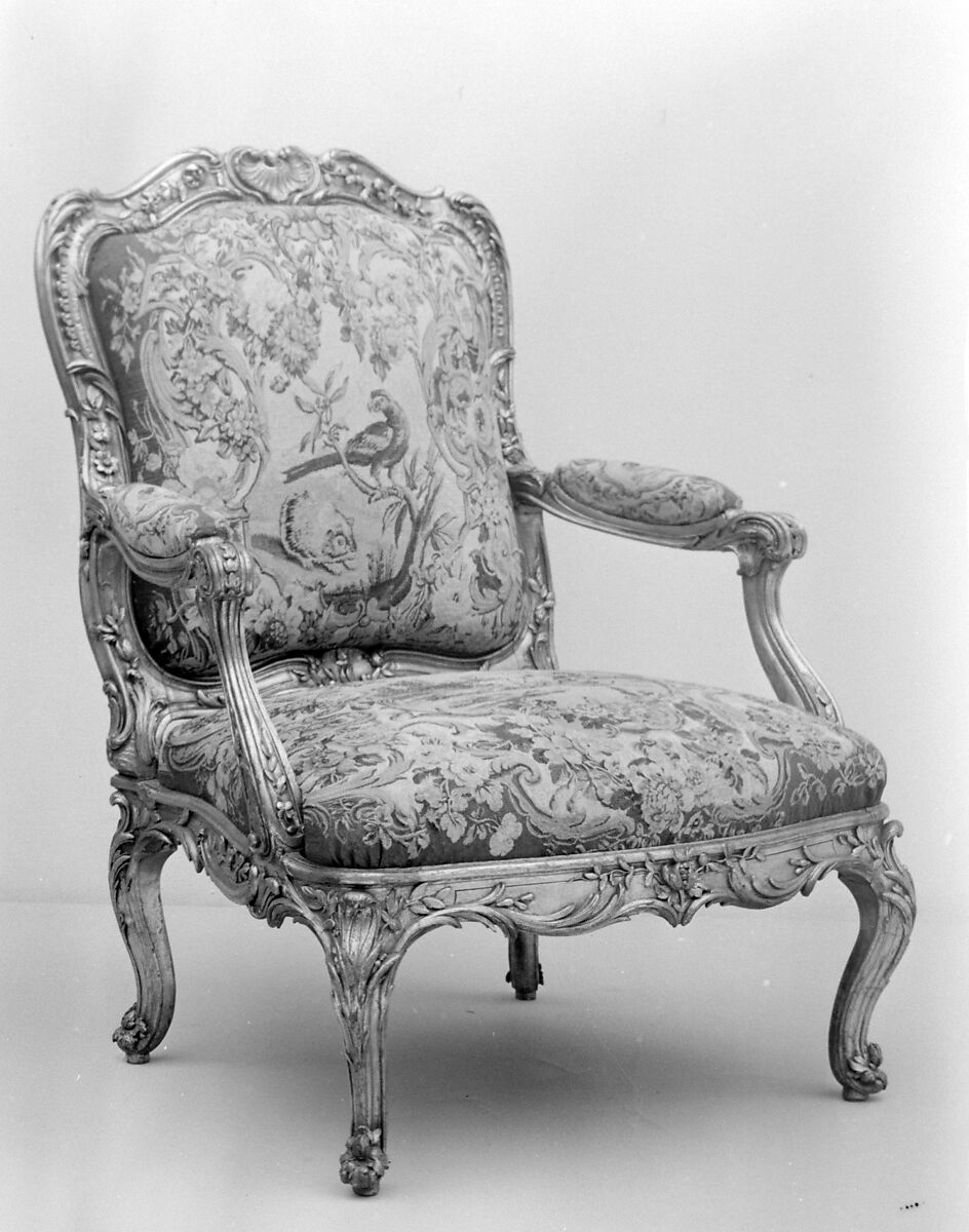 Armchair (part of a set), Frame by Nicolas-Quinibert Foliot (1706–1776, warden 1750/52), Carved and gilded beech; wool and silk tapestry, French, Paris 