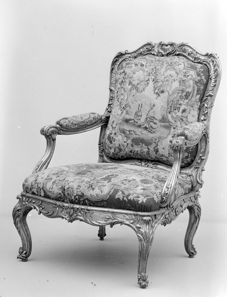 Armchair (part of a set), Frame by Nicolas-Quinibert Foliot (1706–1776, warden 1750/52), Carved and gilded beech; wool and silk tapestry, French, Paris 